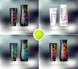 Vector cosmetics package design template, mockup. Shampoo bottle, conditioner, cream, tube, personal care products design