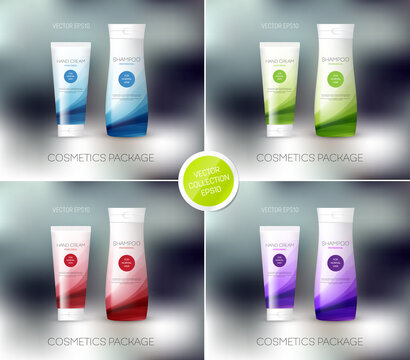 Vector cosmetics package design template, mockup. Shampoo bottle, conditioner, cream, tube, personal care products design
