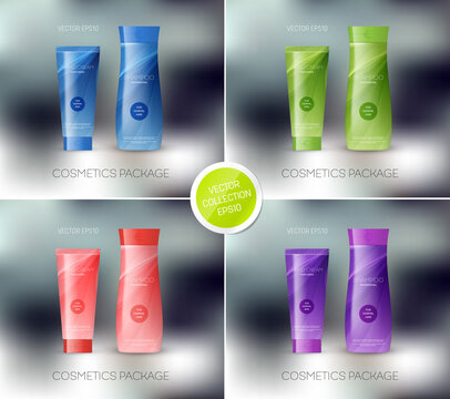 Vector cosmetics package design template, mockup. Shampoo bottle, conditioner, cream, tube, personal care products design
