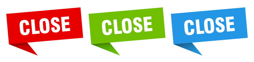 close banner. close speech bubble label set. close sign