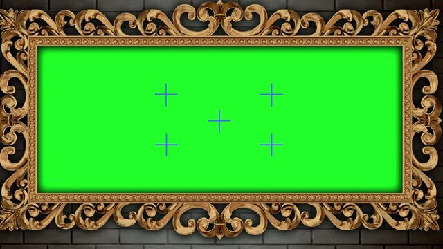 Golden vintage frame on brick wall. Green screen transition footage. Tracking your content. 4K footage