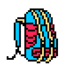 Fototapeta premium Blue and red trekking rucksack, pixel art icon isolated on white background. Hiking rucksack. Travelling equipment symbol. 8 bit old school vintage retro slot machine/video game graphics.