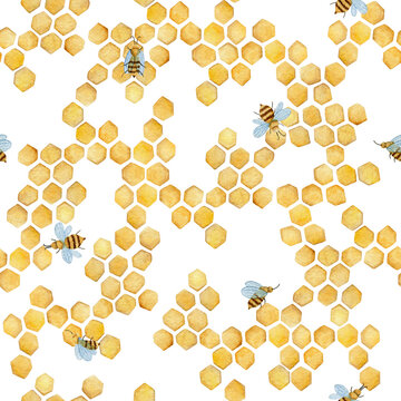 Watercolor seamless pattern with bee honeycombs and bees