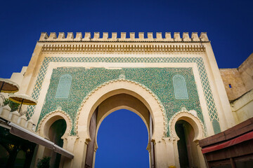 Blue gates, Bab Bou Jeloud in Fes, Morocco,view of old medina circa 2019