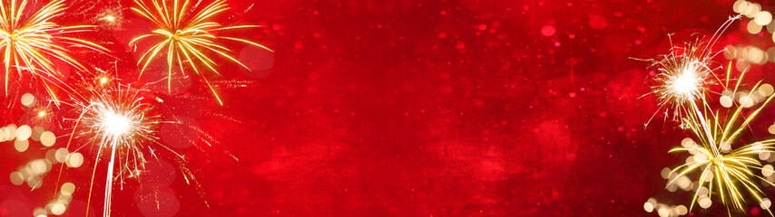 Festive Silvester New Year Celebration background panorama banner long - Golden Firework and...