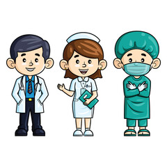 Profession cartoon. Doctor, nurse and surgeon.