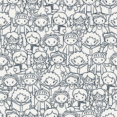 Doodel seamless pattern with group of children, teens, girls, boys with different hairstyles and toys
