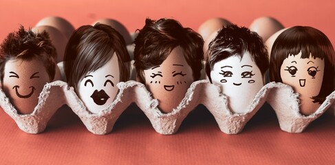 Faces on the eggs. Differences faces living together - Diversity concept, happy faces, happiness, teamwork and togetherness