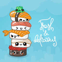 Kawaii sushi poster with cute sushi characters