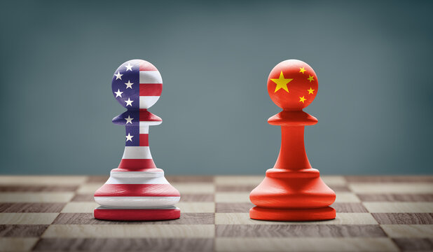 USA and China conflict. Country flags on chess pawns on a chess board. 3D illustration.