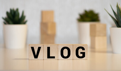 Vlog Spelled with Wood Tiles Isolated on a White Background.