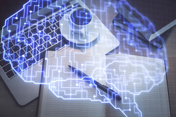 Double exposure of brain drawing hologram over topview work table background with computer. Concept of big data.