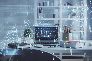 Double exposure of financial graph drawing and office interior background. Concept of stock market.