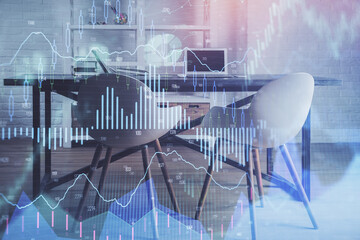 Multi exposure of financial graph drawing and office interior background. Concept of market analysis.