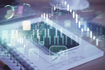 Double exposure of forex chart drawing and cell phone background. Concept of financial data analysis