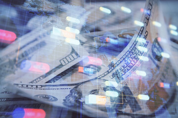Double exposure of data theme drawing over us dollars bill background. Technology concept.
