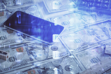 Double exposure of data theme drawing over us dollars bill background. Technology concept.