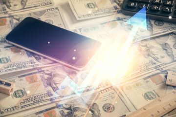 Double exposure of grow arrows drawing over usa dollars bill background. Concept of success.