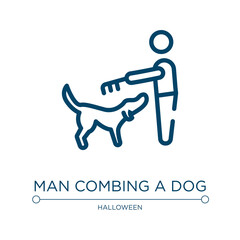 Man combing a dog icon. Linear vector illustration from dogs collection. Outline man combing a dog icon vector. Thin line symbol for use on web and mobile apps, logo, print media.