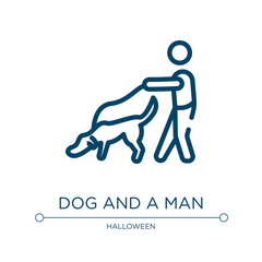 Dog and a man icon. Linear vector illustration from dogs collection. Outline dog and a man icon vector. Thin line symbol for use on web and mobile apps, logo, print media.