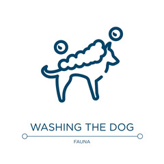 Washing the dog icon. Linear vector illustration from dog and training collection. Outline washing the dog icon vector. Thin line symbol for use on web and mobile apps, logo, print media.