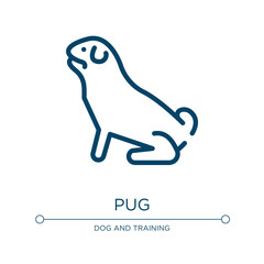 Pug icon. Linear vector illustration from dog breeds fullbody collection. Outline pug icon vector. Thin line symbol for use on web and mobile apps, logo, print media.