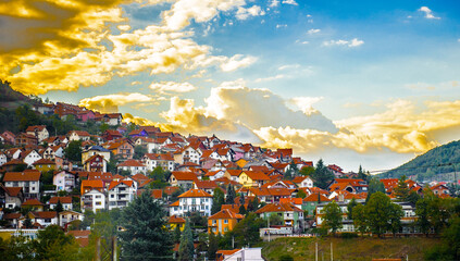 It's Uzice, a city in western Serbia, located at the banks of the Detinja river. It is the administrative center of the Zlatibor District. - obrazy, fototapety, plakaty