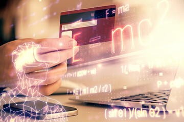 Fototapeta premium Multi exposure of woman on-line shopping holding a credit card and formula drawing. E-learning concept.