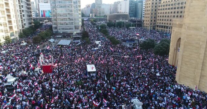 Beirut, Lebanon 2019 : day drone shot of Martyr square, during the Lebanese revolution, with thousands of protesters revolting against government failure and corruption.