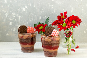 Obraz na płótnie Canvas Two delicious chocolate desserts with strawberries jam, caramel and chocolate cream .