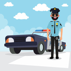 Simple cartoon of a police man and police car
