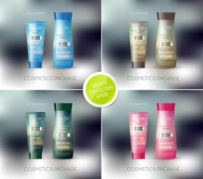 Vector cosmetics package design template, mockup. Shampoo bottle, conditioner, cream, tube, personal care products design
