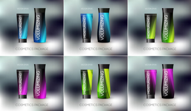 Vector cosmetics package design template, mockup. Shampoo bottle, conditioner, cream, tube, personal care products design