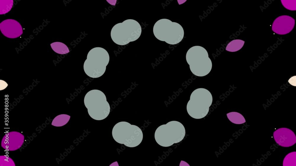 Poster Beautiful kaleidoscopic shapes moving on black background, seamless loop. Animation. Abstract colorful circles blinking and forming floral pattern.