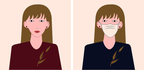 Young woman or girl wear medical mask. Preventive measures, human protection from pneumonia outbreak. Coronavirus epidemic concept. Respiratory disease, virus spread. Vector illustration.