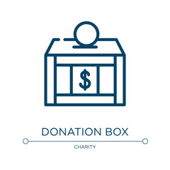Donation box icon. Linear vector illustration from charity collection. Outline donation box icon vector. Thin line symbol for use on web and mobile apps, logo, print media.