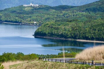 Fototapeta na wymiar 展望台から眺める新緑の山中湖湖畔