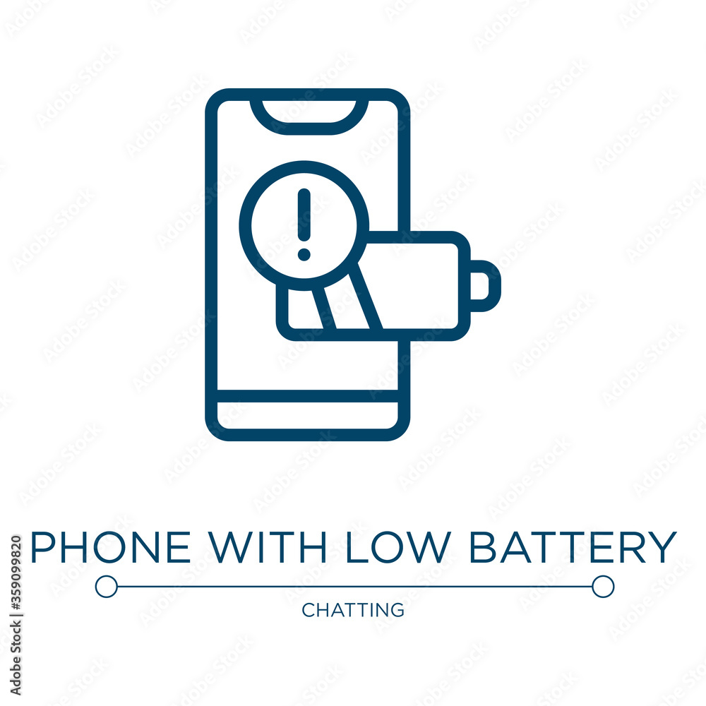 Poster phone with low battery icon. linear vector illustration from smartphones collection. outline phone w