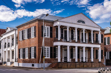 Historic architecture of the Waterkant street in the  historic city of Paramaribo, Suriname. The...