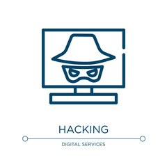 Hacking icon. Linear vector illustration from cyber robbery collection. Outline hacking icon vector. Thin line symbol for use on web and mobile apps, logo, print media.