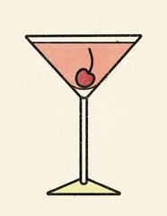 Classic Martini Manhattan cocktail with Maraschino cherry in old school print halftone dotted offset press dirty gritty comic print style. Beach bar event poster, club menu, drink ads, website recipe