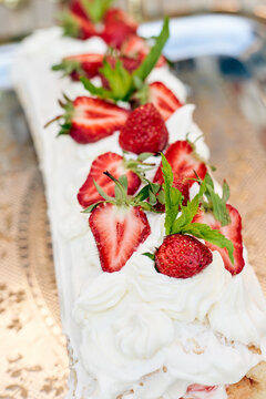 Freshly Baked Sweet Strawberry Long-Cake Roll, Also Called Strawberry Roulade