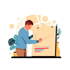 portrait of man making sales charts, flat design concept. vector illustration