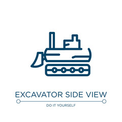 Excavator side view icon. Linear vector illustration from construction collection. Outline excavator side view icon vector. Thin line symbol for use on web and mobile apps, logo, print media.