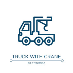 Truck with crane icon. Linear vector illustration from constructicons collection. Outline truck with crane icon vector. Thin line symbol for use on web and mobile apps, logo, print media.