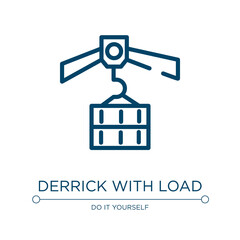 Derrick with load icon. Linear vector illustration from constructicons collection. Outline derrick with load icon vector. Thin line symbol for use on web and mobile apps, logo, print media.