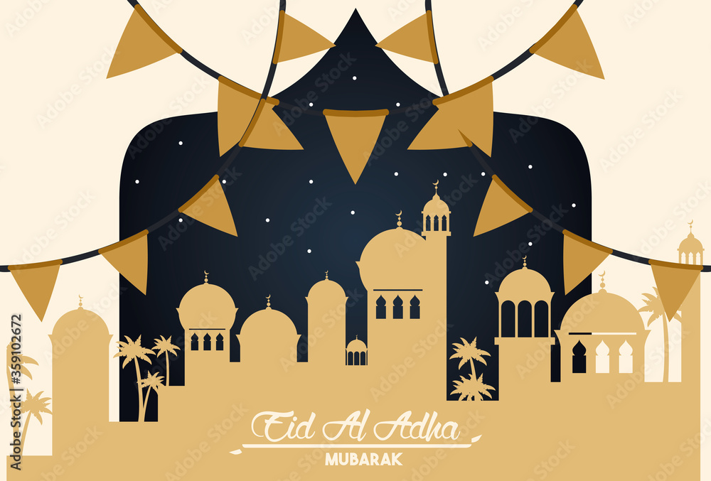 Wall mural eid al adha celebration card with arab cityscape and garlands