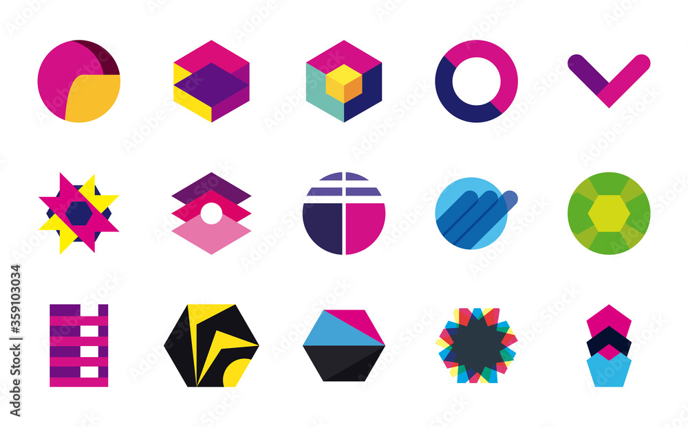 Aufkleber geometric and abstract 3d shapes flat style icon set vector design