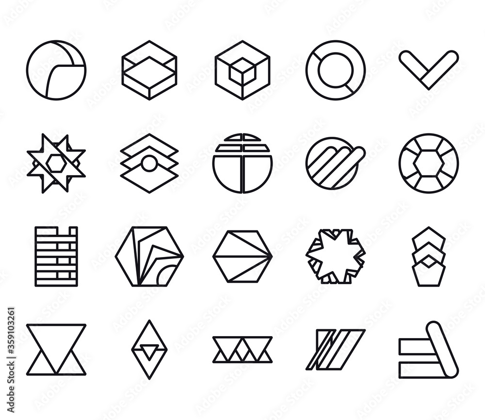 Poster geometric and abstract 3d shapes line style icon set vector design