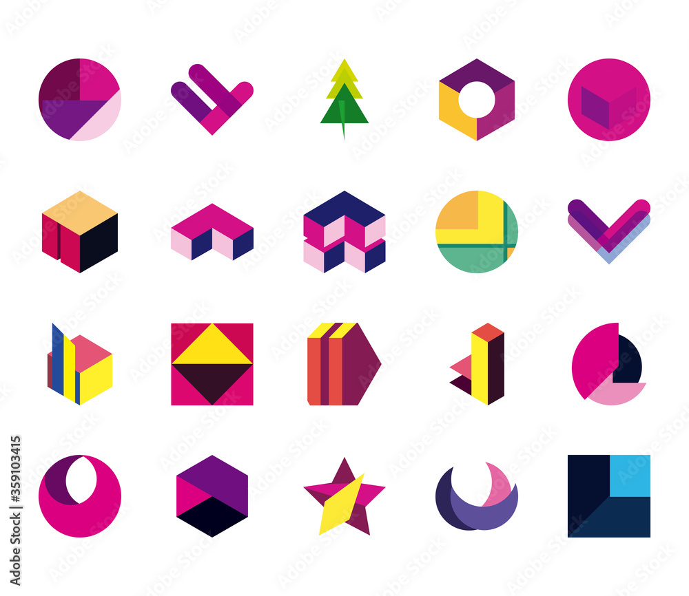 Poster geometric and abstract 3d shapes flat style icon set vector design
